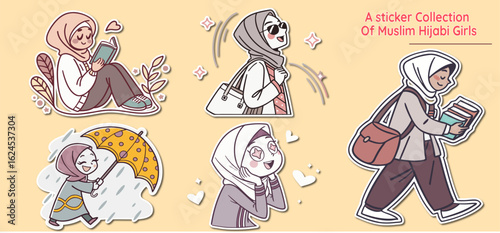 Collection of Adorable Muslim Hijabi Girl Stickers Depicting Everyday Activities and Emotions on a Light Yellow Background