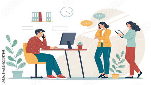 Teamwork in a modern office: Illustration of colleagues collaborating, perfect for business presentations or website banners.