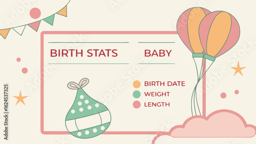 Baby birth stats template design for new born baby details and information tracker with cute decorations