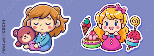 Cute Cartoon Girls with Sweets and Teddy Bear on a Light Purple Background Two cartoon