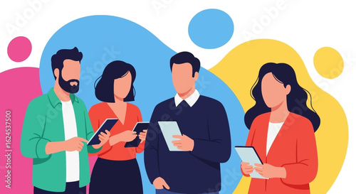 Diverse team using tablets and smartphones. Perfect for websites, presentations, and marketing materials related to teamwork, technology, or communication.