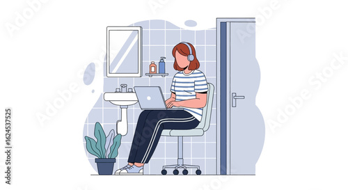 Woman working on laptop in bathroom, illustration for blog post about work-life balance.