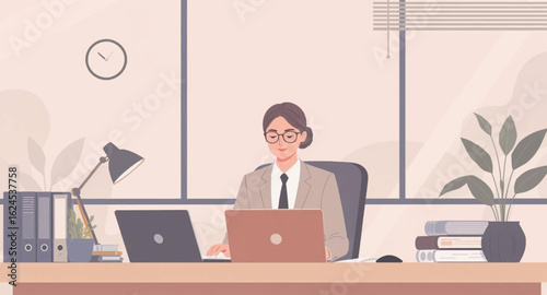Businesswoman working on laptop in modern office, perfect for website banners or brochures.