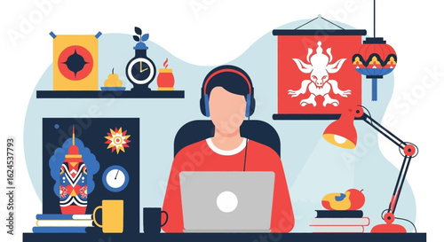 Person working from home with laptop and headphones, surrounded by Asian-inspired decor. Ideal for blog posts, websites, and social media.