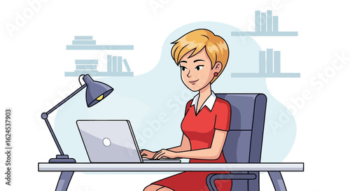 Young businesswoman working on laptop at her desk. Illustration perfect for websites, blogs, and marketing materials.