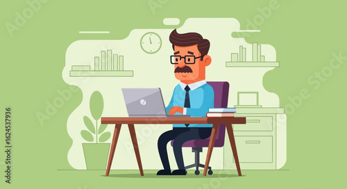 Cartoon businessman working on laptop in office, perfect for website banners or business presentations.