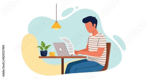 Man working on laptop in cafe, perfect for website banners or blog posts about remote work.