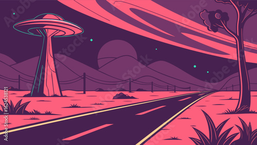 Ufo sighting illustration vector art alien invasion concept landscape with road and alien spaceship design