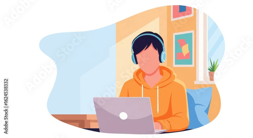 Person working from home on laptop, wearing headphones. Ideal for remote work, online learning, or freelance concepts.