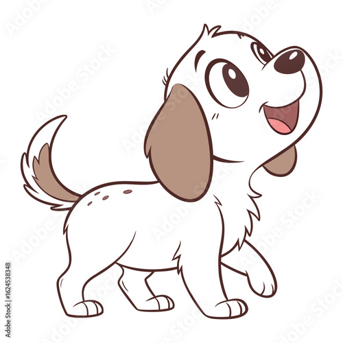 Charming cartoon beagle puppy with brown ears and spots walking happily isolated on white background