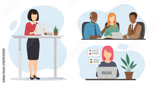 Diverse business team collaboration:  Vector illustration ideal for websites, presentations, and marketing materials.