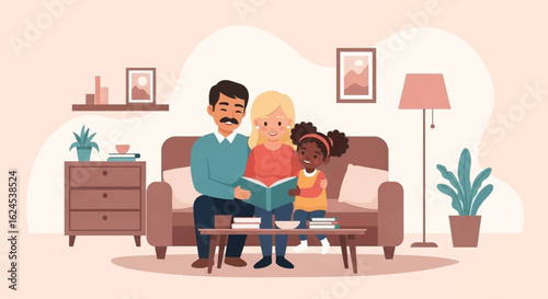Happy family reading a book together on a cozy sofa - perfect for family, parenting, and children's book websites.