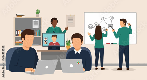 Diverse team collaborating on a project, perfect for illustrating teamwork and brainstorming concepts.