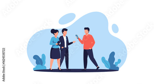 Business people collaborating, using mobile devices. Ideal for websites, presentations, and marketing materials.