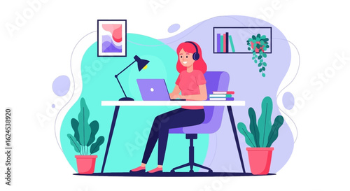 Happy woman working from home on laptop, perfect for remote work, online learning, or freelance concepts.