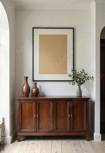 A classic wooden console table in a beautifully lit hallway, featuring a large blank picture frame mockup for showcasing art in a warm and elegant home interior.
