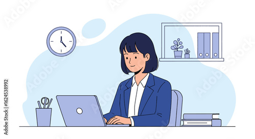 Young businesswoman working on laptop in modern office - perfect for website banners, brochures, or presentations.