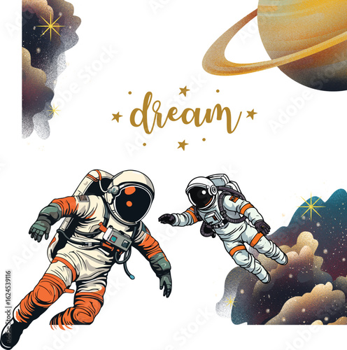 Two astronauts float among stars and a planet with rings on a space exploration adventure dream
