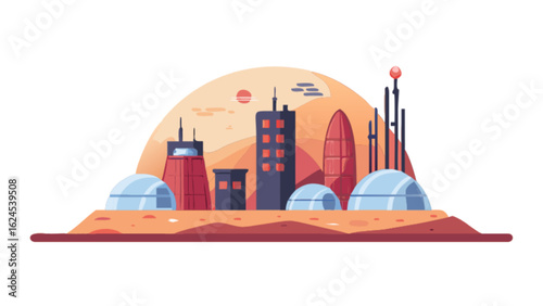 Explore futuristic mars city landscape vector illustration with buildings and domes for science fiction art