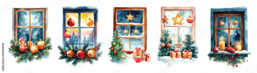 Christmas watercolor winter window with arrangement illustration. Hand drawn festive floral arrangement on winter window background. Greeting vintage craft card with gifts, pine tree and toys