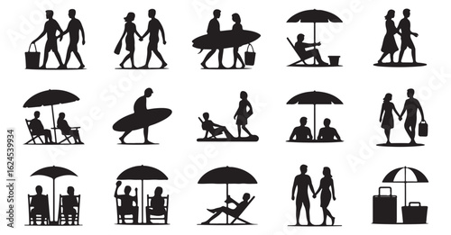 Vector Icons of Beach Vacation Activities: Relaxing, Walking, and Sunbathing