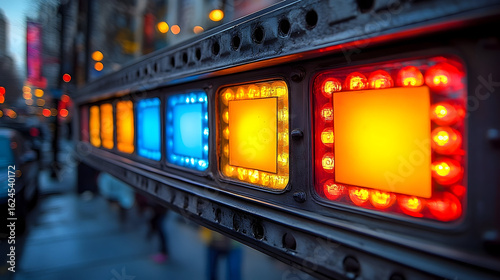 Illuminated city lights display with blue, yellow, and red glowi
