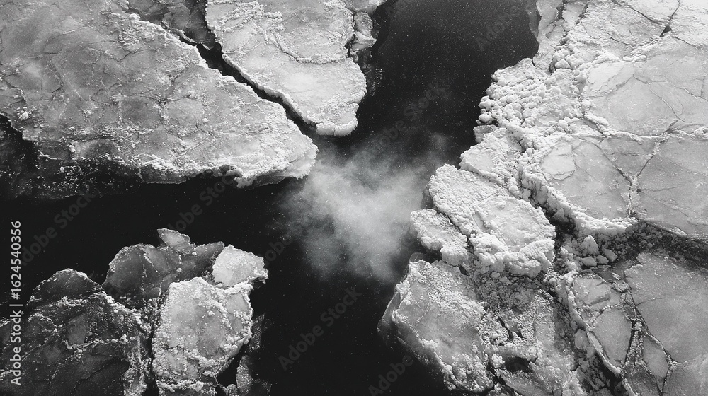 Fototapeta premium Abstract black-and-white close-up of icy surface patterns: crystal cracks and frost formations for science backgrounds or minimalist designs