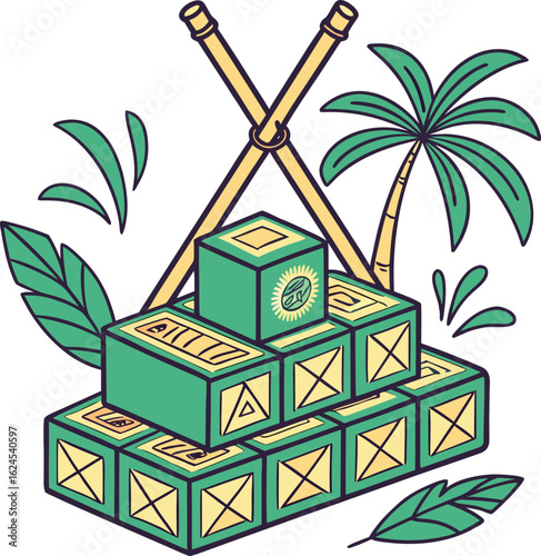 Stacked green cargo crates with crossed bamboo poles and tropical palm leaves in a stylized illustration