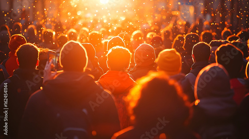 Crowd bathed in golden light, backs of heads and shoulders visib