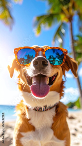 Charming Dog with Blue Sunglasses Against Palm Trees and Bright Summer Sun