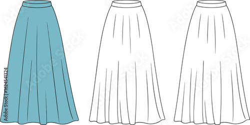 Technical flat sketch of a women's long A-line skirt with pleats, a maxi skirt design template, fashion vector illustration.