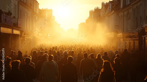 Golden Hour Crowd Streaming Through Sunlit Street