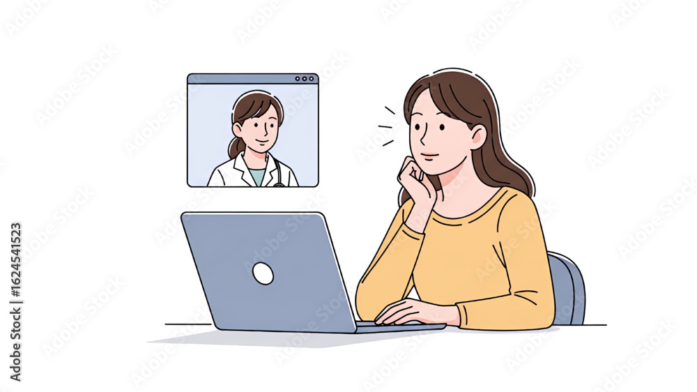 A young woman having an online medical consultation with a female doctor on her laptop A young woman having an online medical consultation with a female doctor on her laptop