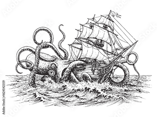 Powerful kraken with curling tentacles and shipwreck scene for nautical fantasy branding or dramatic artwork