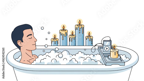 Vector illustration of a man enjoying a relaxing bubble bath with candles and music