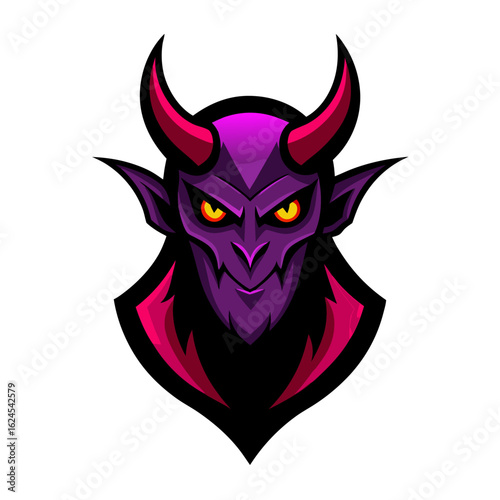 Demonic Mascot with Curved Horns and Red Eyes in a Fantasy Gradient Emblem