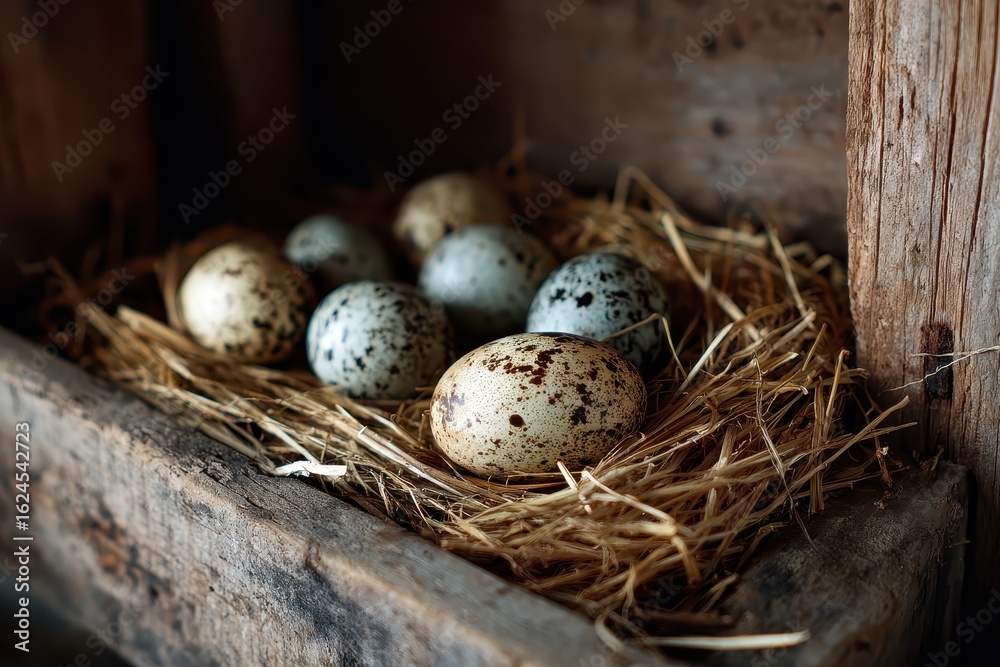 Obraz premium Speckled bird eggs sit nestled in straw within a rustic wooden box. This image is ideal for spring, nature, or farm themed projects.