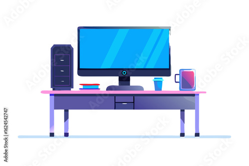 Modern computer desk setup with monitor and accessories