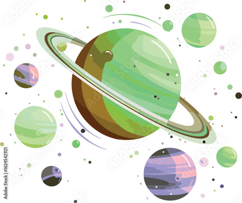Whimsical vector illustration of a green ringed planet with orbiting moons and cosmic dots in space