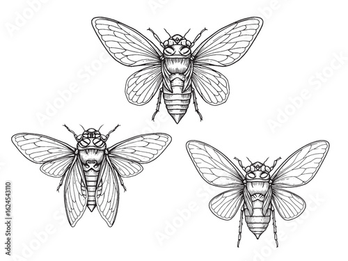 Vintage engraved cicada with veined wings for rugged tattoo art and outdoor-focused product labels