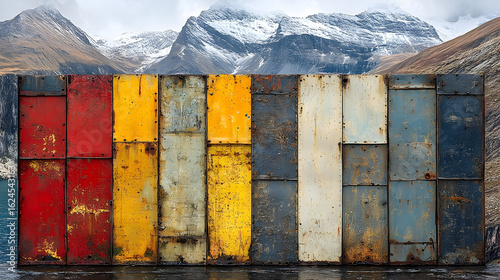 Colorful weathered metal panels texture background mountain landscape
