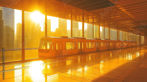 Golden hour train station sunrise reflections modern transportation