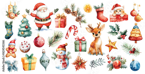 Watercolor Christmas decor elements set with pine trees, branches, Santa, deer, snowman, toys, gifts hand drawn illustrations for winter holidays celebration cards clip art