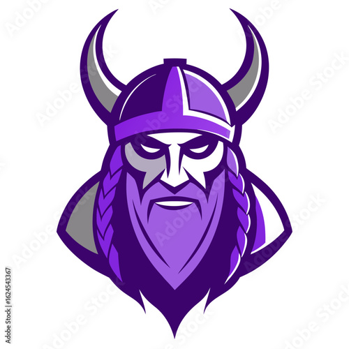 Purple Viking Mascot with Horned Helmet and Braided Beard in Thick Outline