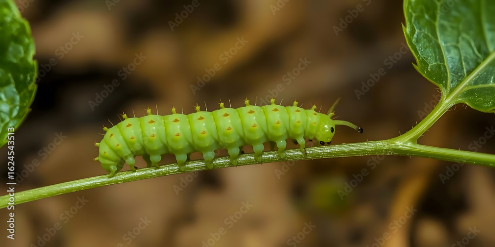 Fototapeta premium Vibrant Green Caterpillar Crawling on Fresh Leaves