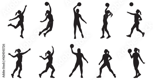 Black Line Icons of Female Basketball Players for Athletic and Sports Designs