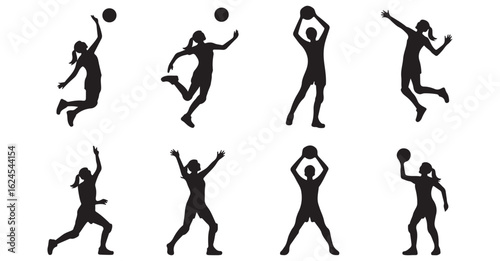 Black Silhouette Icons of Female Basketball Players in Action for Sports Illustrations