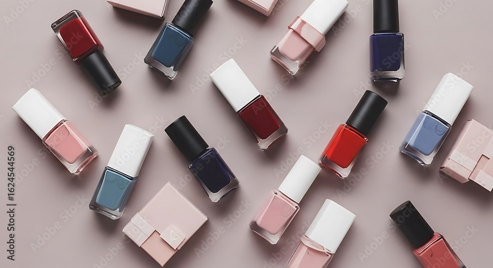 Obraz premium Overhead shot of multiple nail polish bottles in various colors arranged on a flat surface backdrop