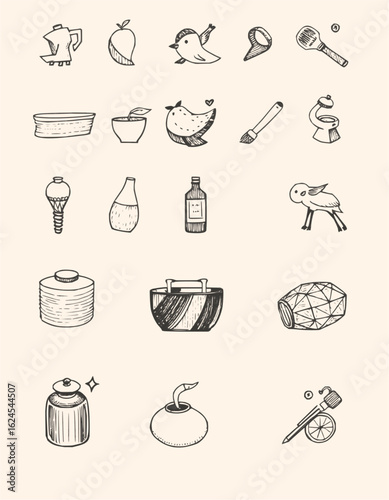 Collection of sketched objects including kitchenware birds plants and musical instruments in rows on beige