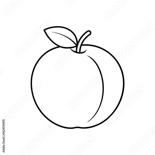 Simple white outline of a peach with a leaf on a black background